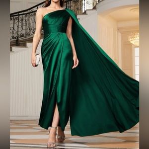 Luxe green one shoulder party formal evening wedding prom satin dress